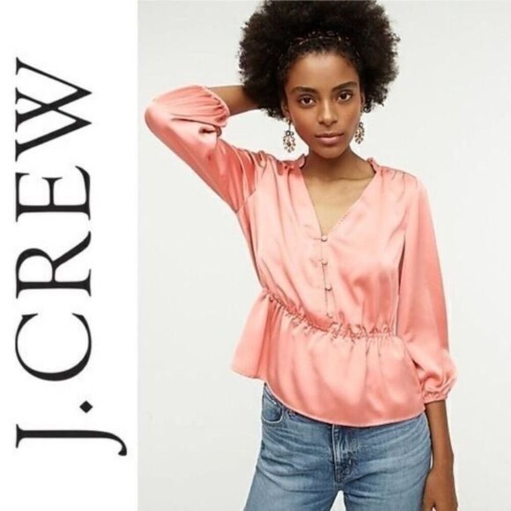 J.CREW V-Neck Button-Detail Peplum Blouse Top 6 Coral Pink Satin NWT B96